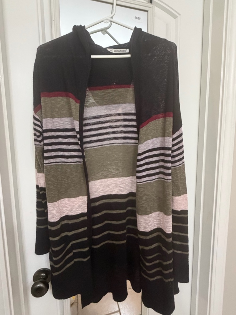 Maurices Black Hooded Striped Sweater Cardigan with Olive, Blush and Burgundy